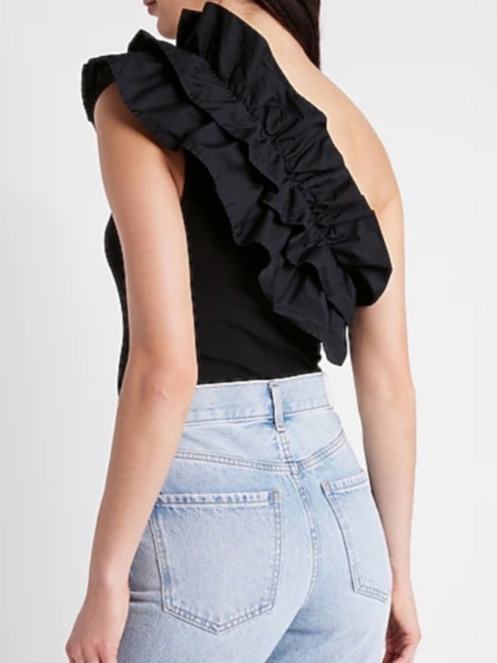 Express Black One-Shoulder Poplin Ruffle Ribbed Bodysuit S - Picture 4 of 8